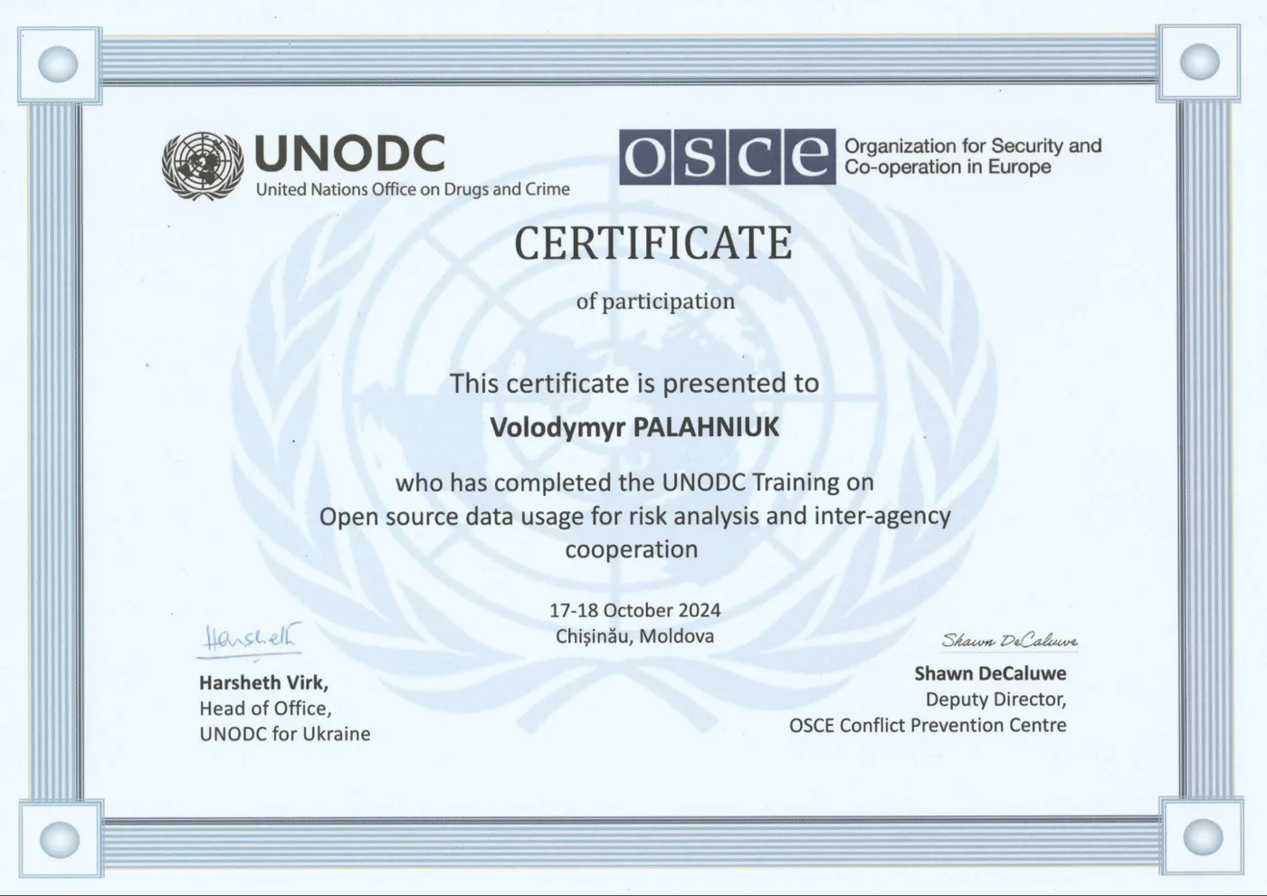 Сертифікат UNODC / OSCE — OSINT-аналіз, 2024